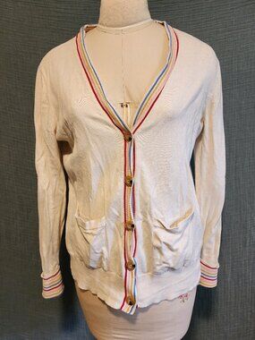 St John's Bay cream cardigan with striped trim, women's size petite medium